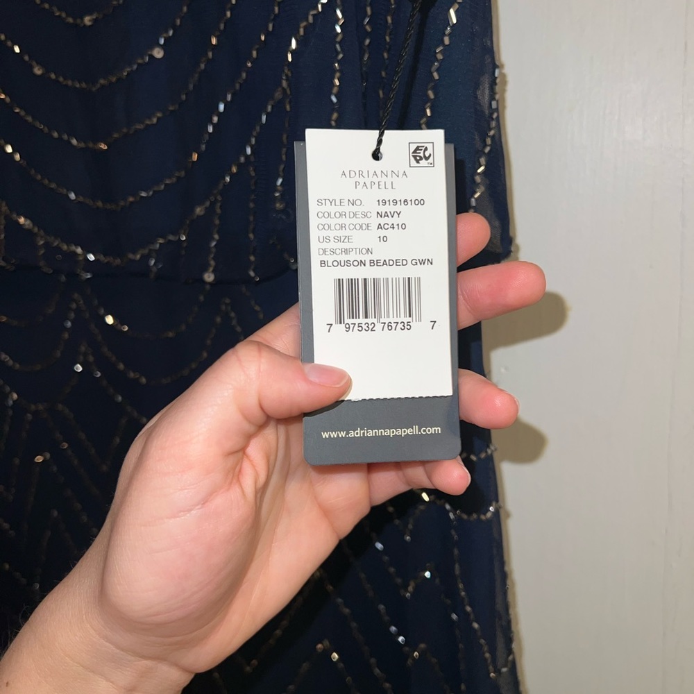Adrianna Papell Navy Gold Beaded Gown - Picture 4 of 10